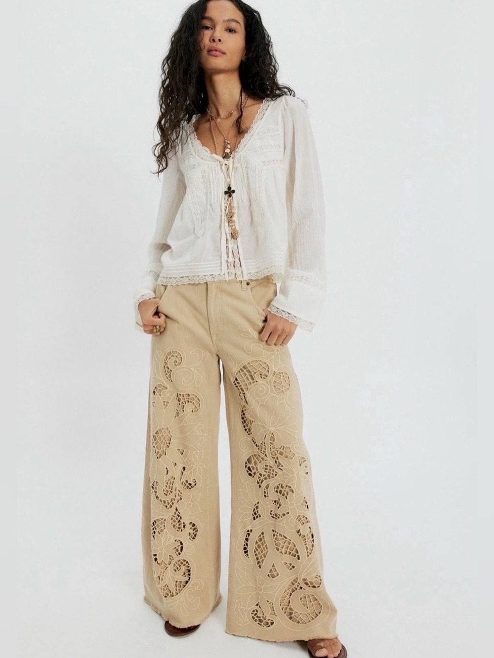 Free People Cut To The Chase Flare Jeans We The Free Embroider Cutwork Lace Tan